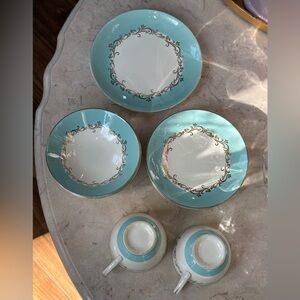 Vintage Lifetime China Co. GOLD CROWN 2Cups 3Saucer 3dessert Bowl & 7:4 Plate